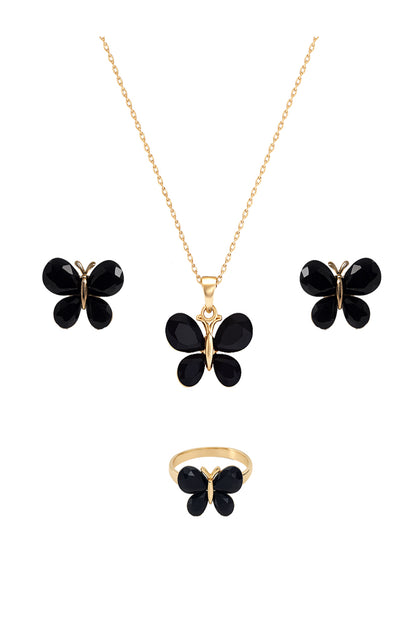 Jewello Amazing gold plated with butterfly design and black stone stud chain pendant set for women and girls.