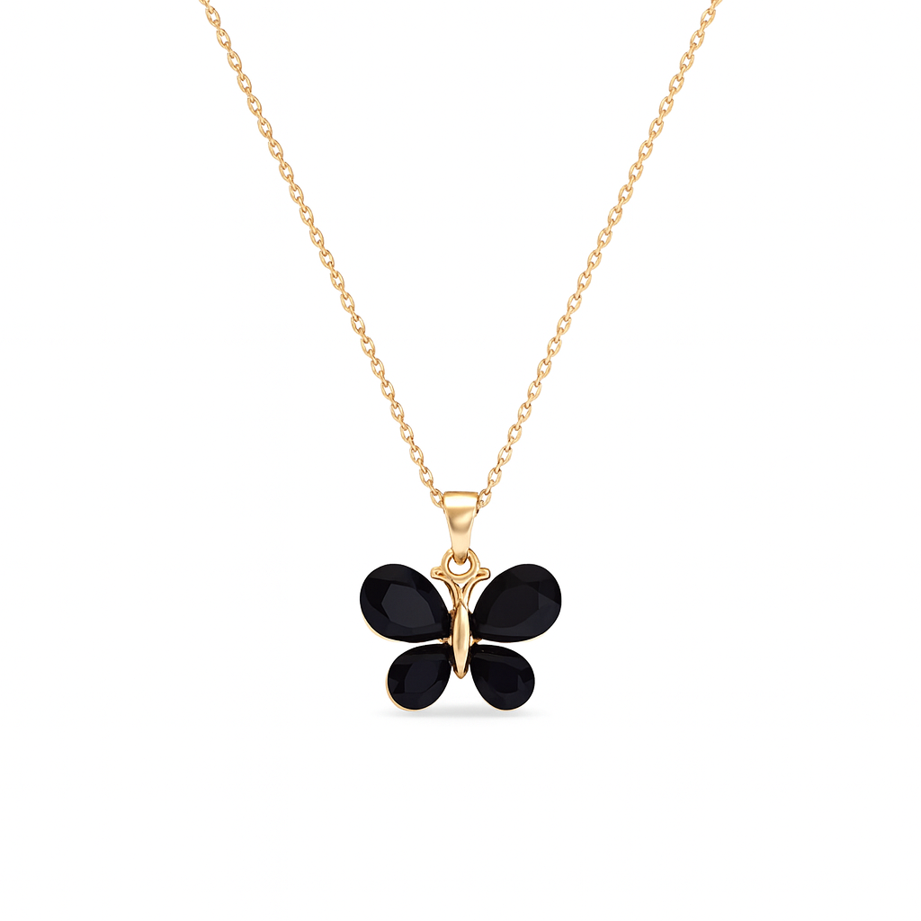 Jewello Amazing gold plated with butterfly design and black stone stud chain pendant set for women and girls.
