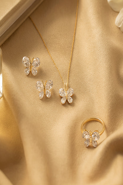 Jewello elegant gold-plated butterfly design with shimmering white stone stud chain pendant set for women and girls.