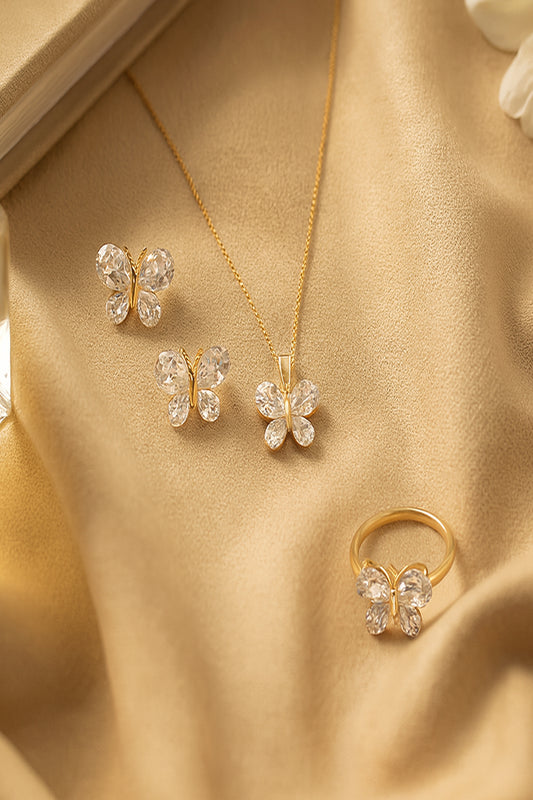 Jewello elegant gold-plated butterfly design with shimmering white stone stud chain pendant set for women and girls.