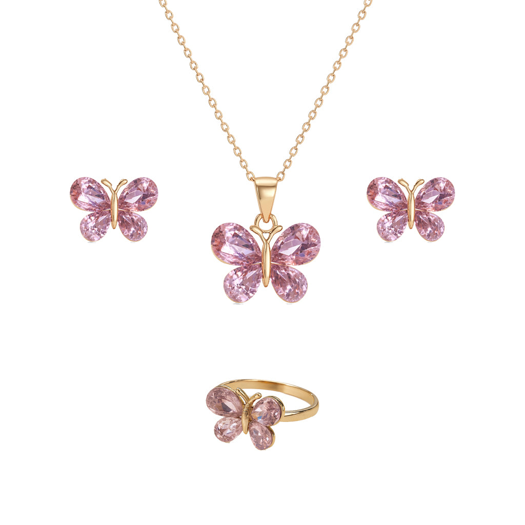 Jewello Adorable gold-plated butterfly design with shimmering pink stone stud chain pendant set for women and girls.