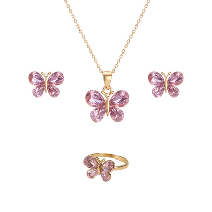 Jewello Adorable gold-plated butterfly design with shimmering pink stone stud chain pendant set for women and girls.