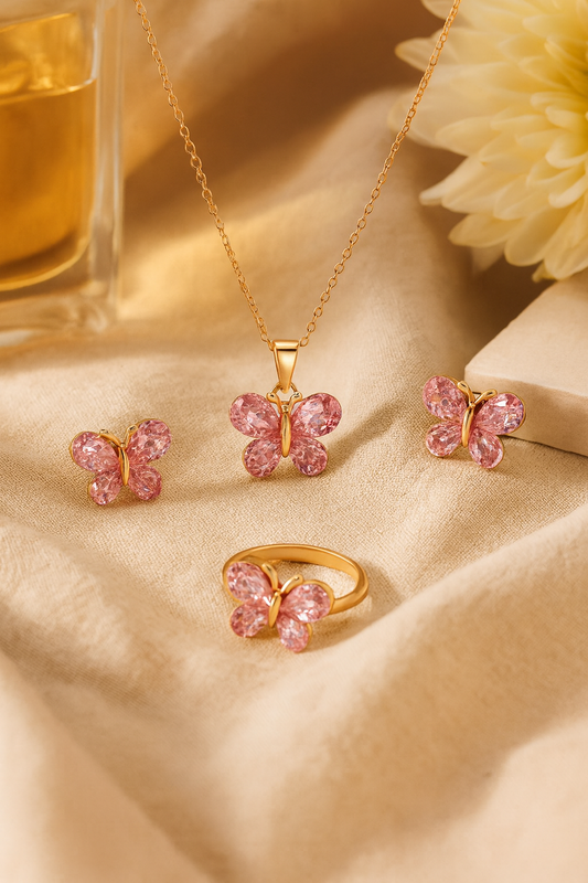Jewello Adorable gold-plated butterfly design with shimmering pink stone stud chain pendant set for women and girls.