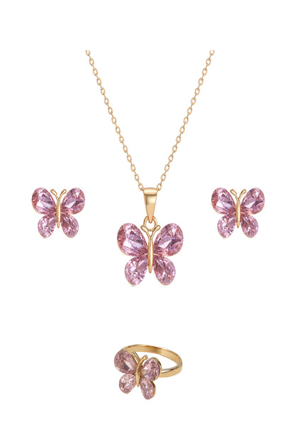 Jewello Adorable gold-plated butterfly design with shimmering pink stone stud chain pendant set for women and girls.