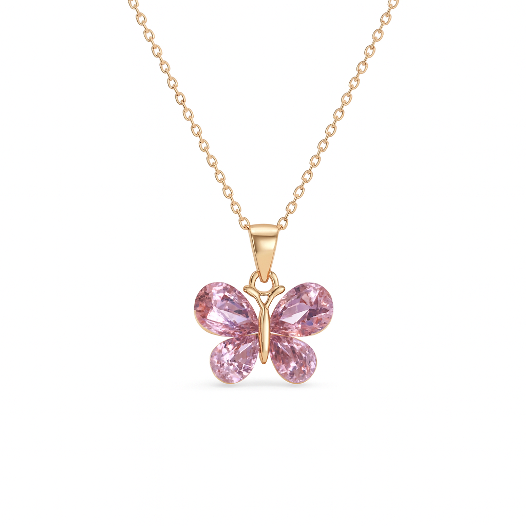 Jewello Adorable gold-plated butterfly design with shimmering pink stone stud chain pendant set for women and girls.