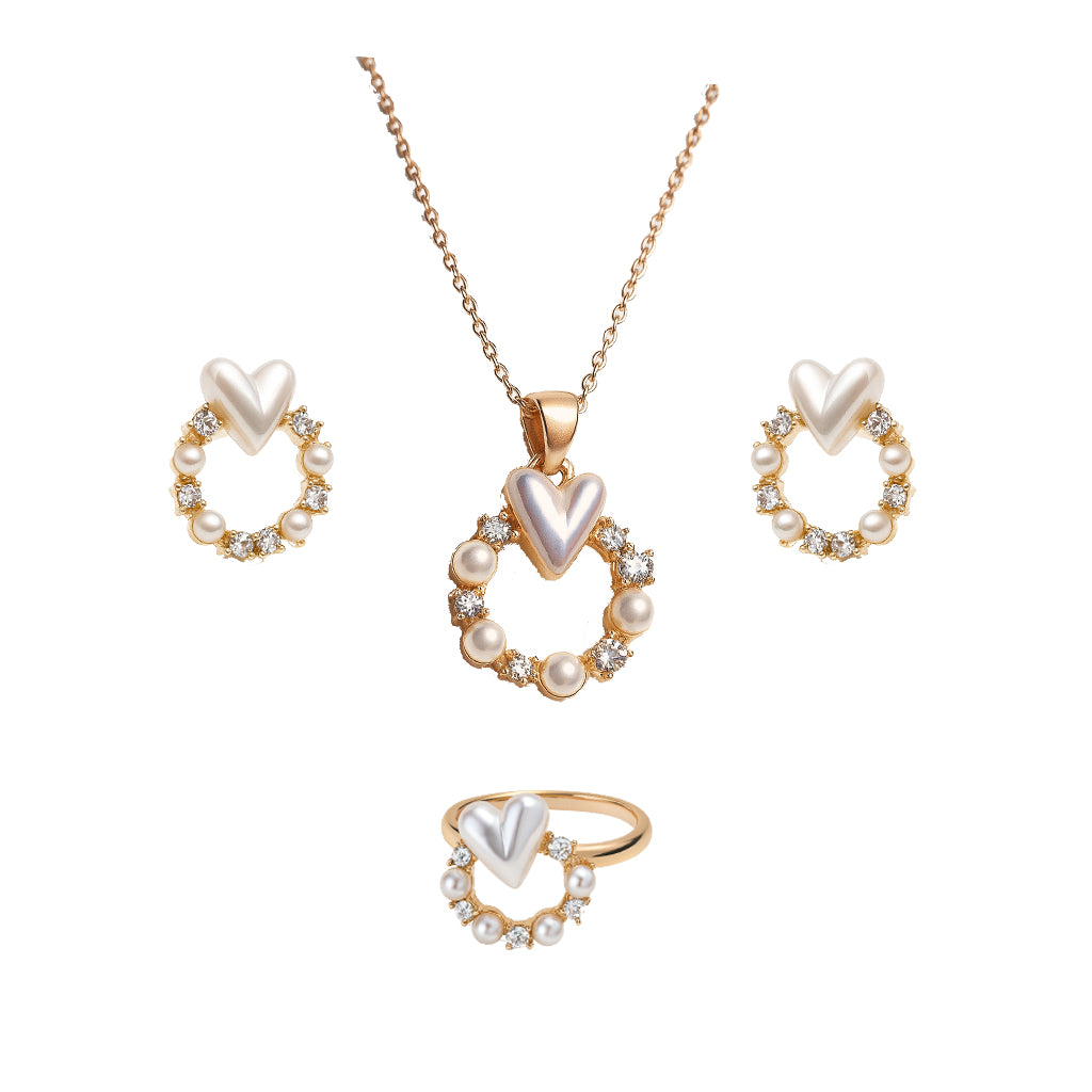 Jewello delicate gold-plated round shape design with heart shape pearl and stone stud chain pendant set for women and girls.