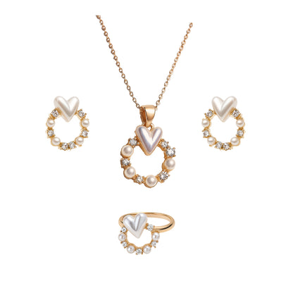 Jewello delicate gold-plated round shape design with heart shape pearl and stone stud chain pendant set for women and girls.