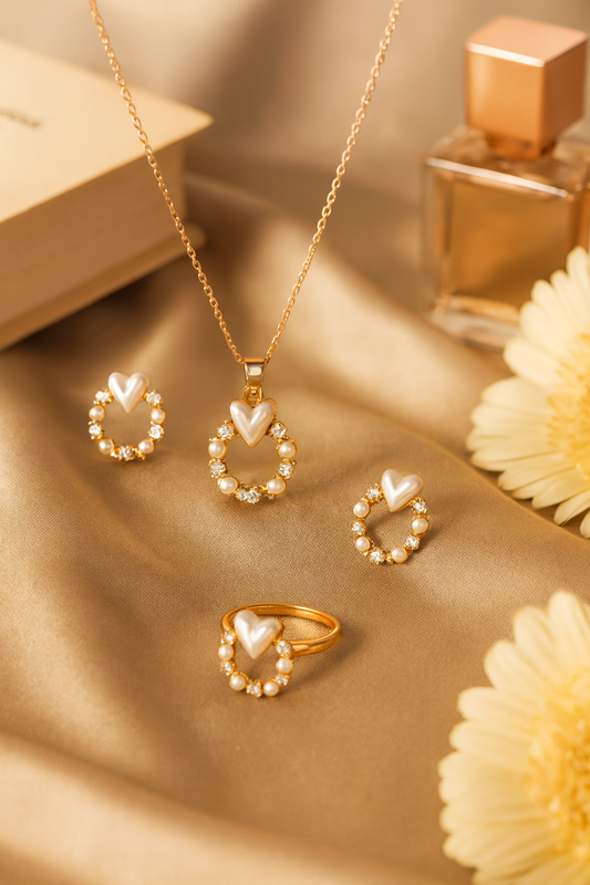 Jewello delicate gold-plated round shape design with heart shape pearl and stone stud chain pendant set for women and girls.