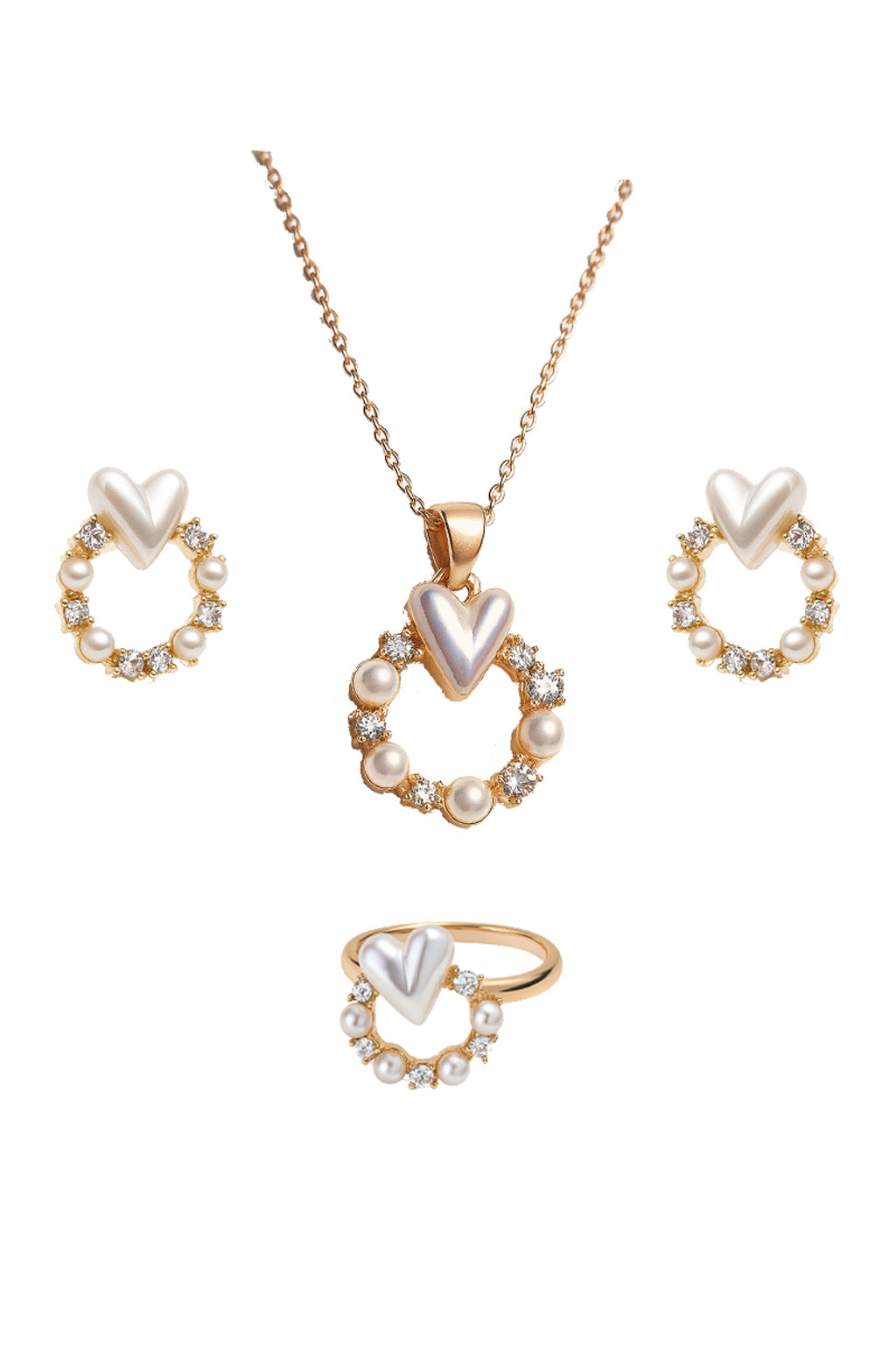 Jewello delicate gold-plated round shape design with heart shape pearl and stone stud chain pendant set for women and girls.
