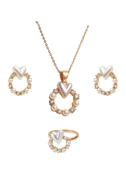 Jewello delicate gold-plated round shape design with heart shape pearl and stone stud chain pendant set for women and girls.