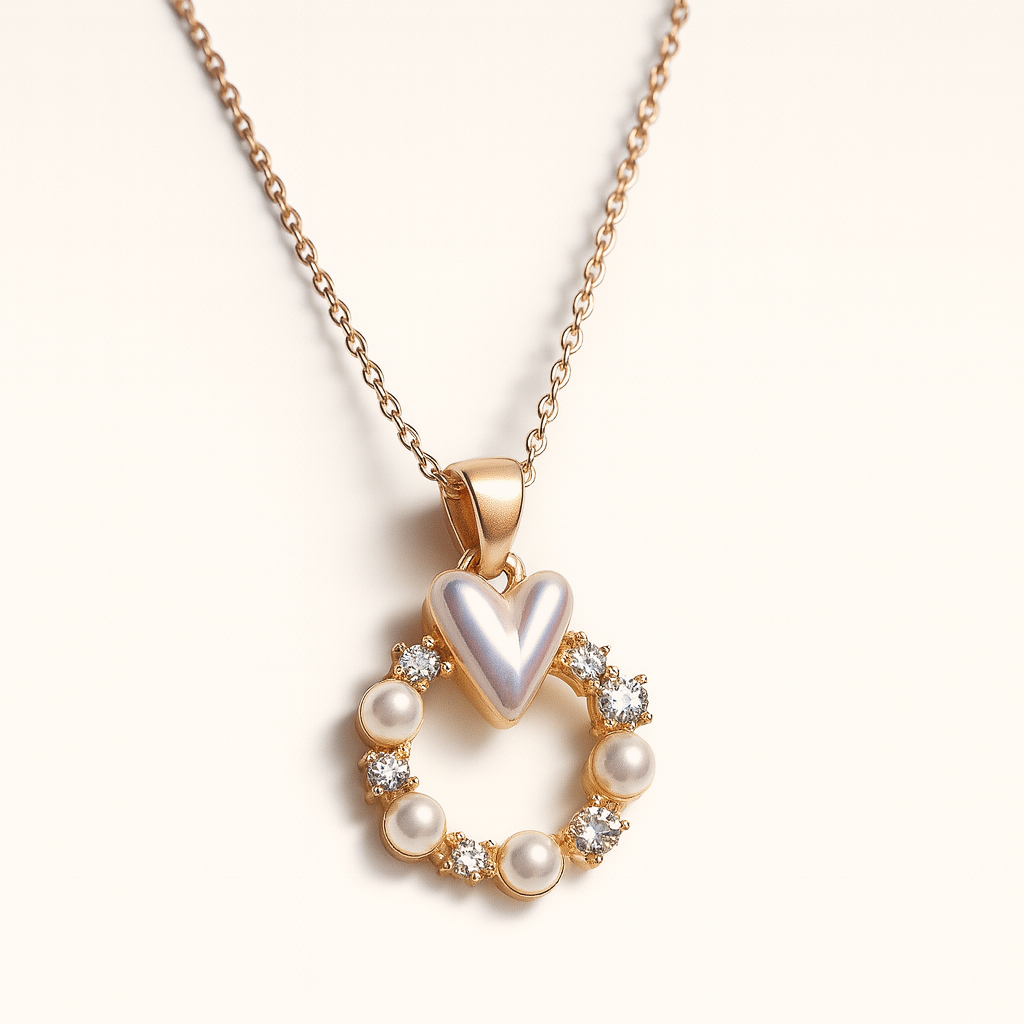 Jewello delicate gold-plated round shape design with heart shape pearl and stone stud chain pendant set for women and girls.