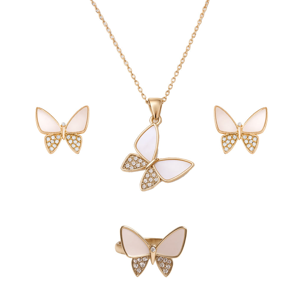 Jewello gorgeous gold-plated butterfly design with pink and shimmering white stone stud chain pendant, set for women and girls.