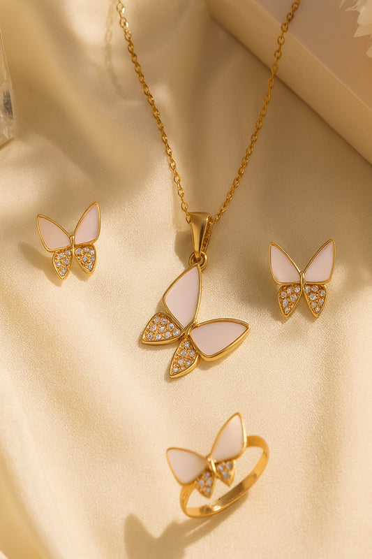 Jewello gorgeous gold-plated butterfly design with pink and shimmering white stone stud chain pendant, set for women and girls.