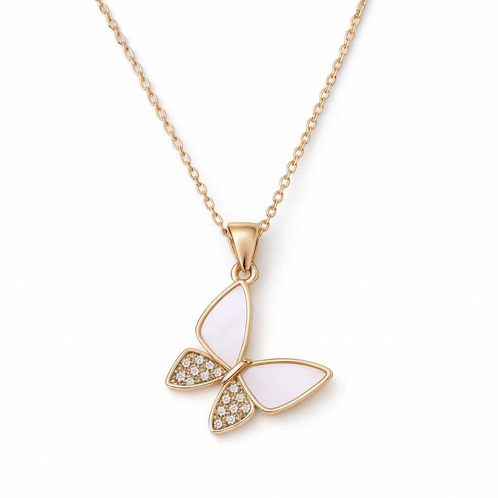 Jewello gorgeous gold-plated butterfly design with pink and shimmering white stone stud chain pendant, set for women and girls.