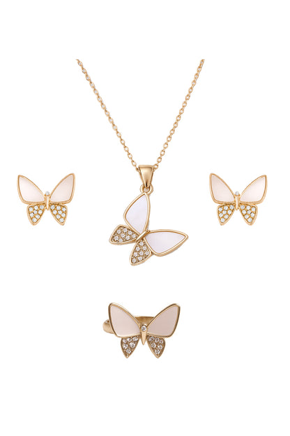 Jewello gorgeous gold-plated butterfly design with pink and shimmering white stone stud chain pendant, set for women and girls.