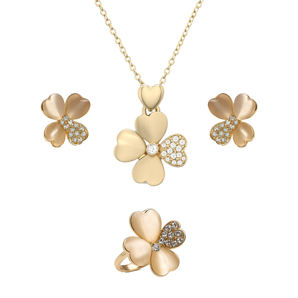Jewello elegant gold-plated floral design with white stone and American diamond stud chain pendant set for women and girls.
