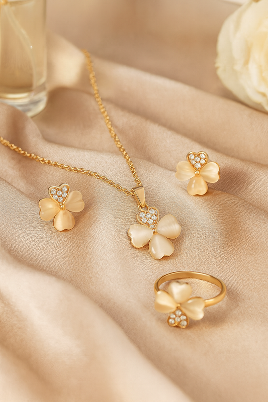 Jewello elegant gold-plated floral design with white stone and American diamond stud chain pendant set for women and girls.