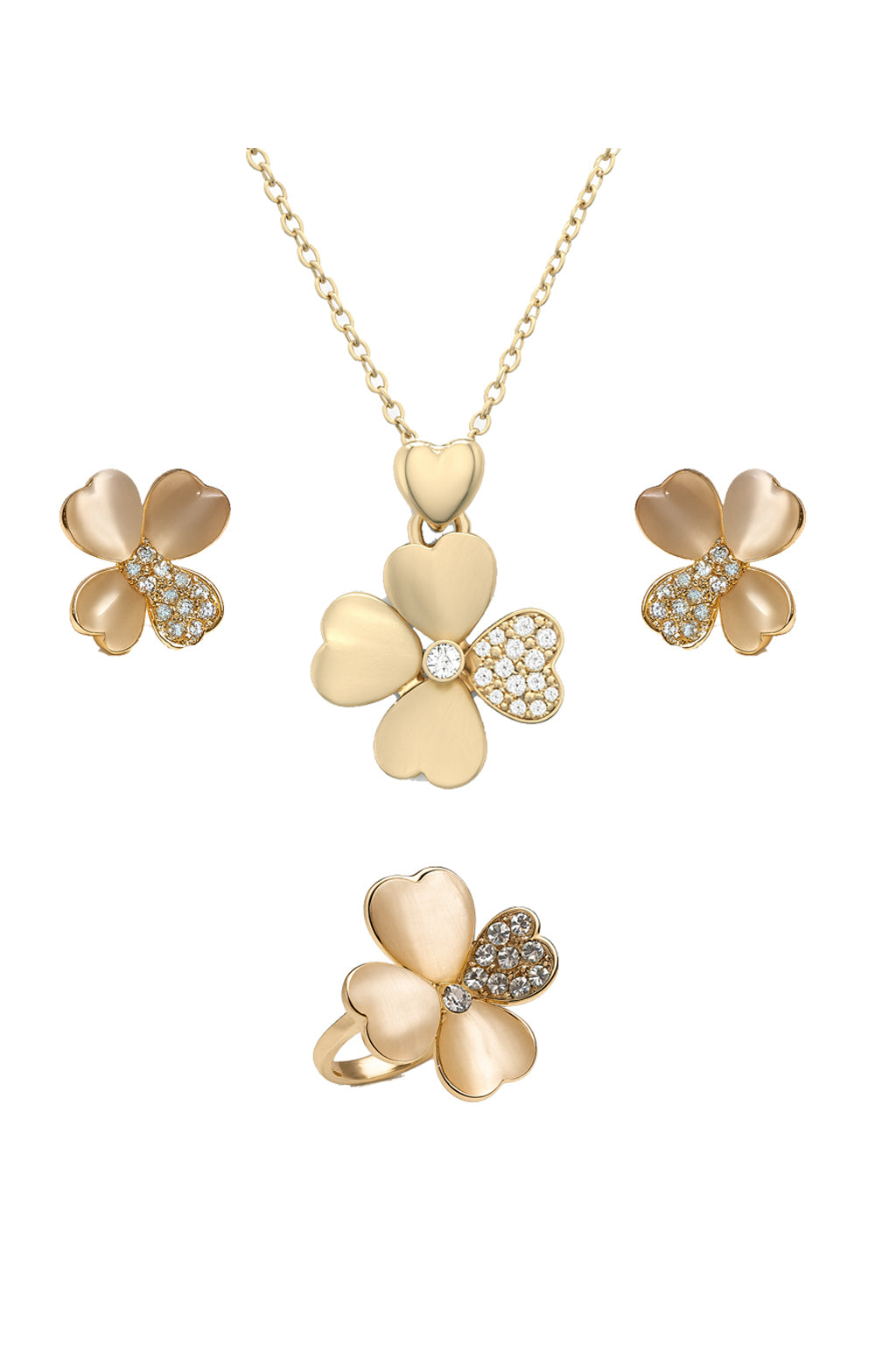 Jewello elegant gold-plated floral design with white stone and American diamond stud chain pendant set for women and girls.