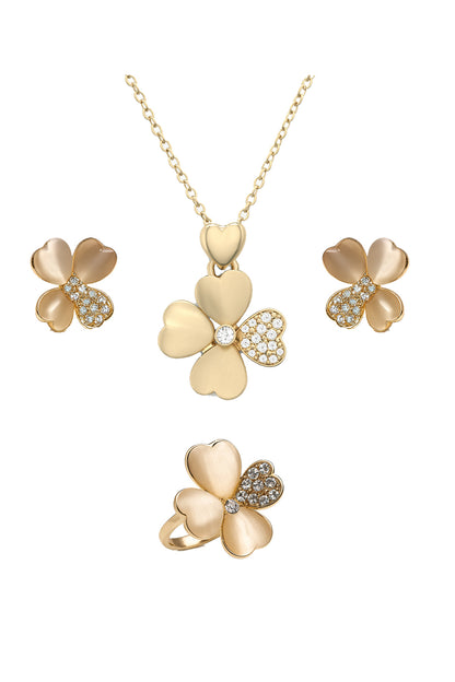 Jewello elegant gold-plated floral design with white stone and American diamond stud chain pendant set for women and girls.