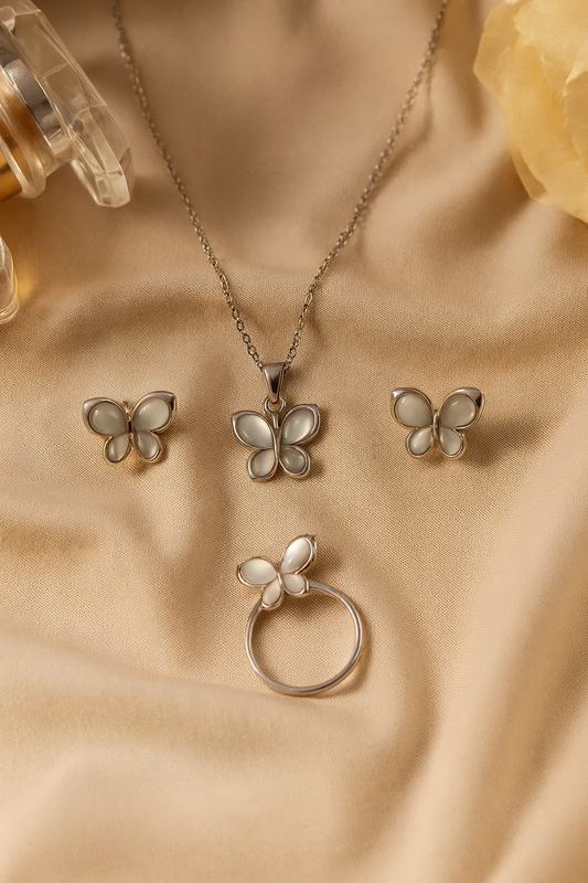 Jewello stylish silver-plated butterfly design with white stone stud chain pendant set for women and girls.
