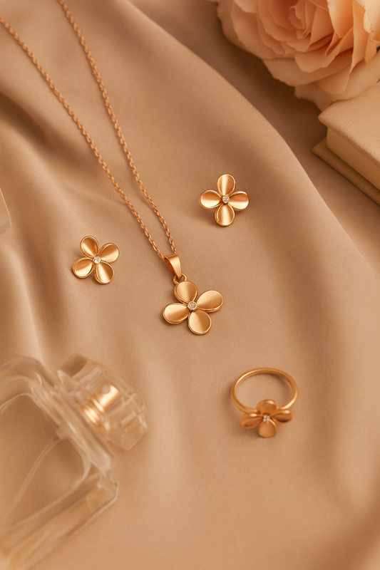 Jewello fashionable rose gold plated floral design with light white stone stud chain pendant set for women and girls.