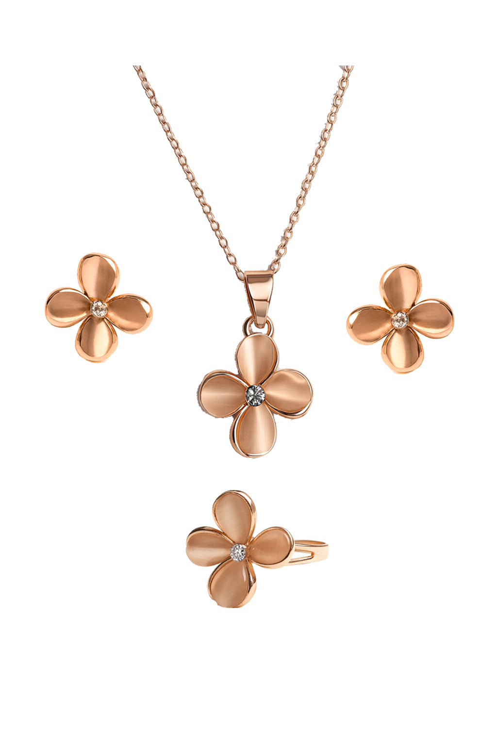 Jewello fashionable rose gold plated floral design with light white stone stud chain pendant set for women and girls.