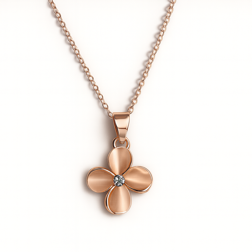Jewello fashionable rose gold plated floral design with light white stone stud chain pendant set for women and girls.
