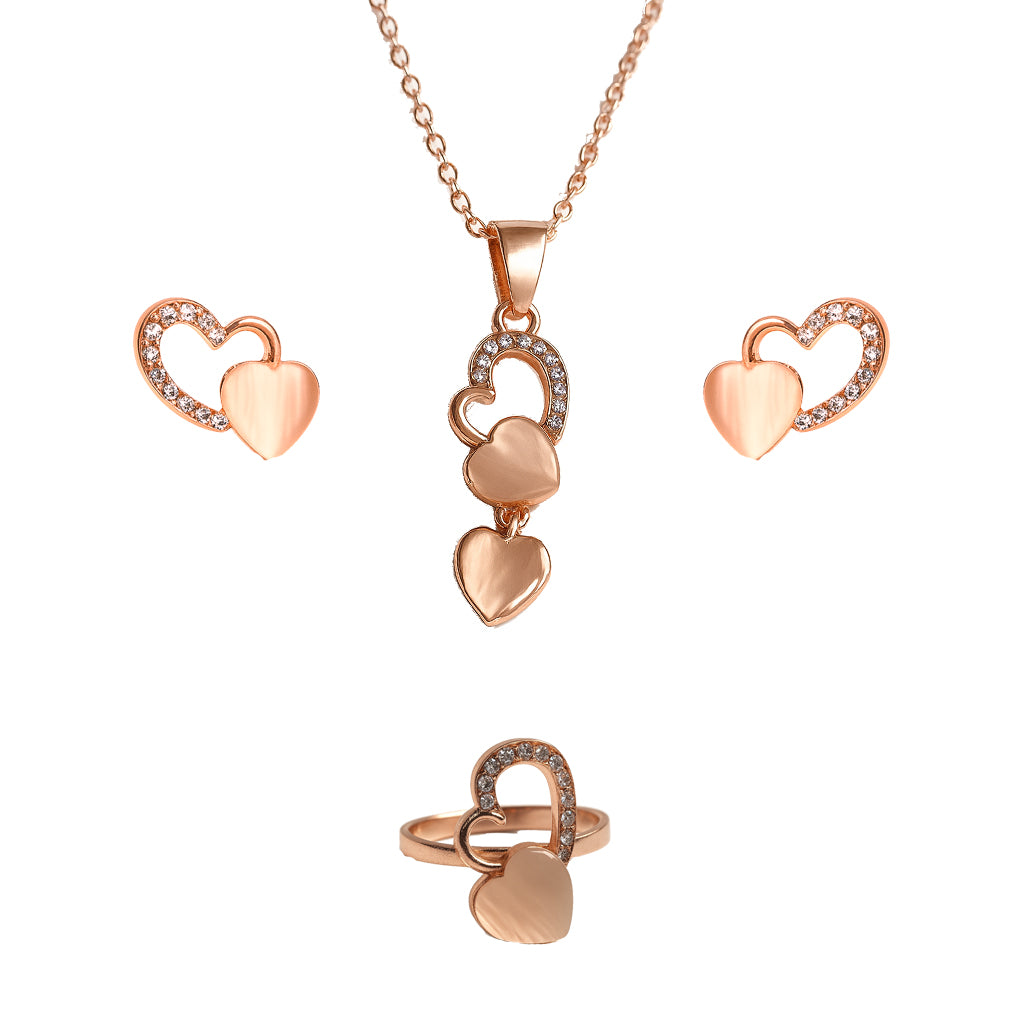 Jewello elegant rose gold-plated heart design with light white stone with American diamond stud chain pendant set for women and girls.