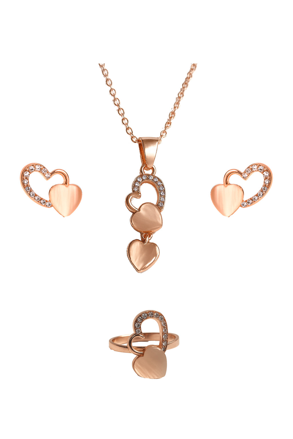 Jewello elegant rose gold-plated heart design with light white stone with American diamond stud chain pendant set for women and girls.