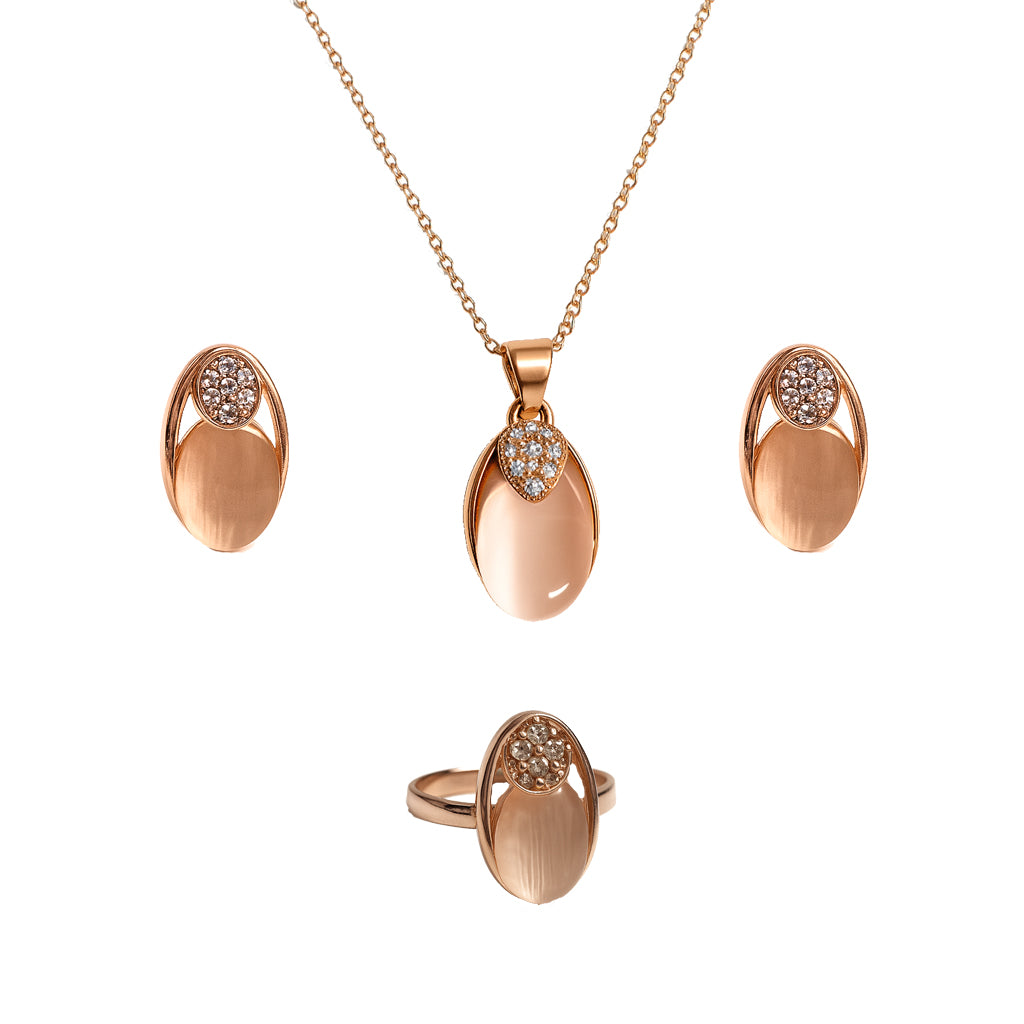 Jewello trendy rose gold plated oval shape design with light white stone stud pendant chain set for women and girls.