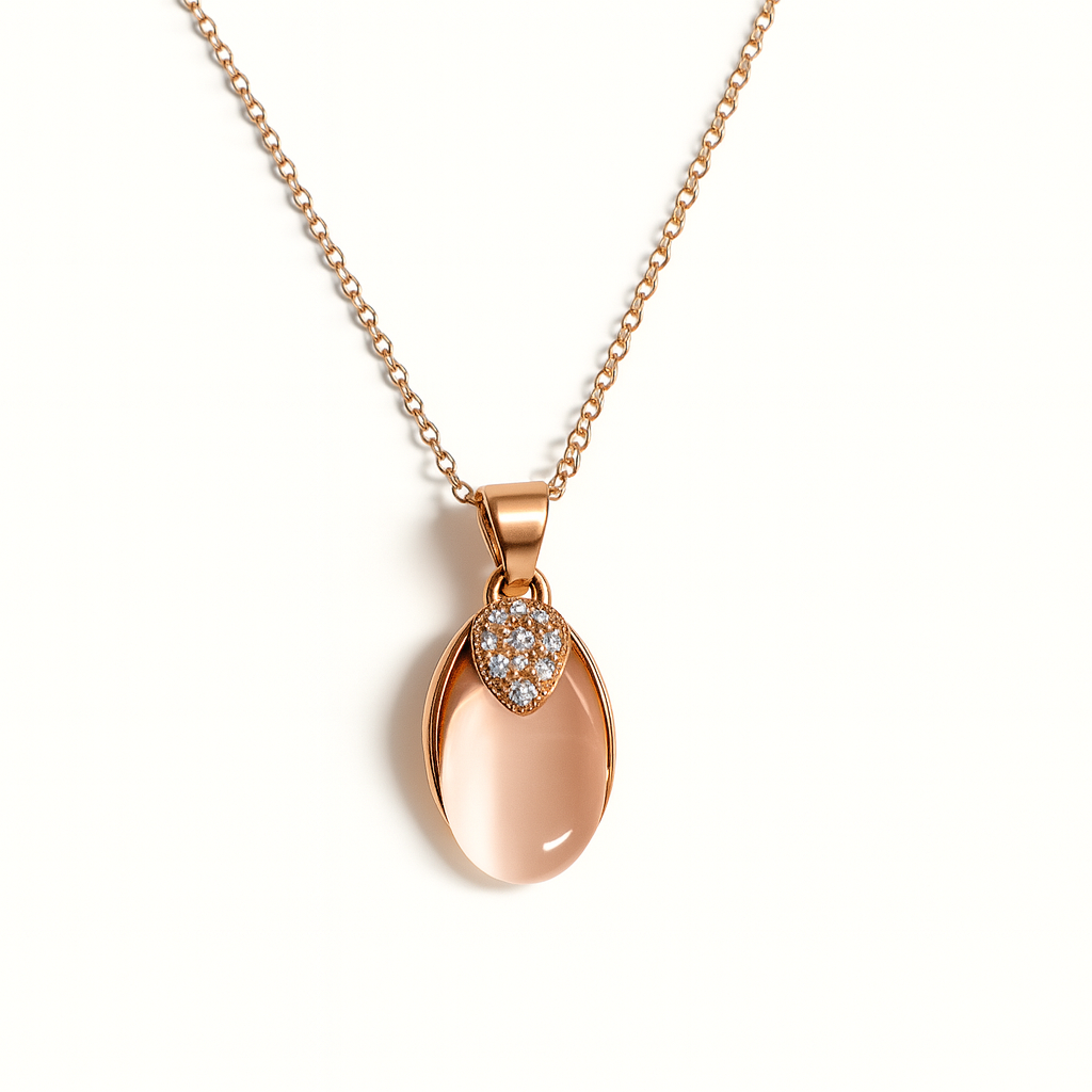Jewello trendy rose gold plated oval shape design with light white stone stud pendant chain set for women and girls.