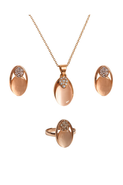 Jewello trendy rose gold plated oval shape design with light white stone stud pendant chain set for women and girls.