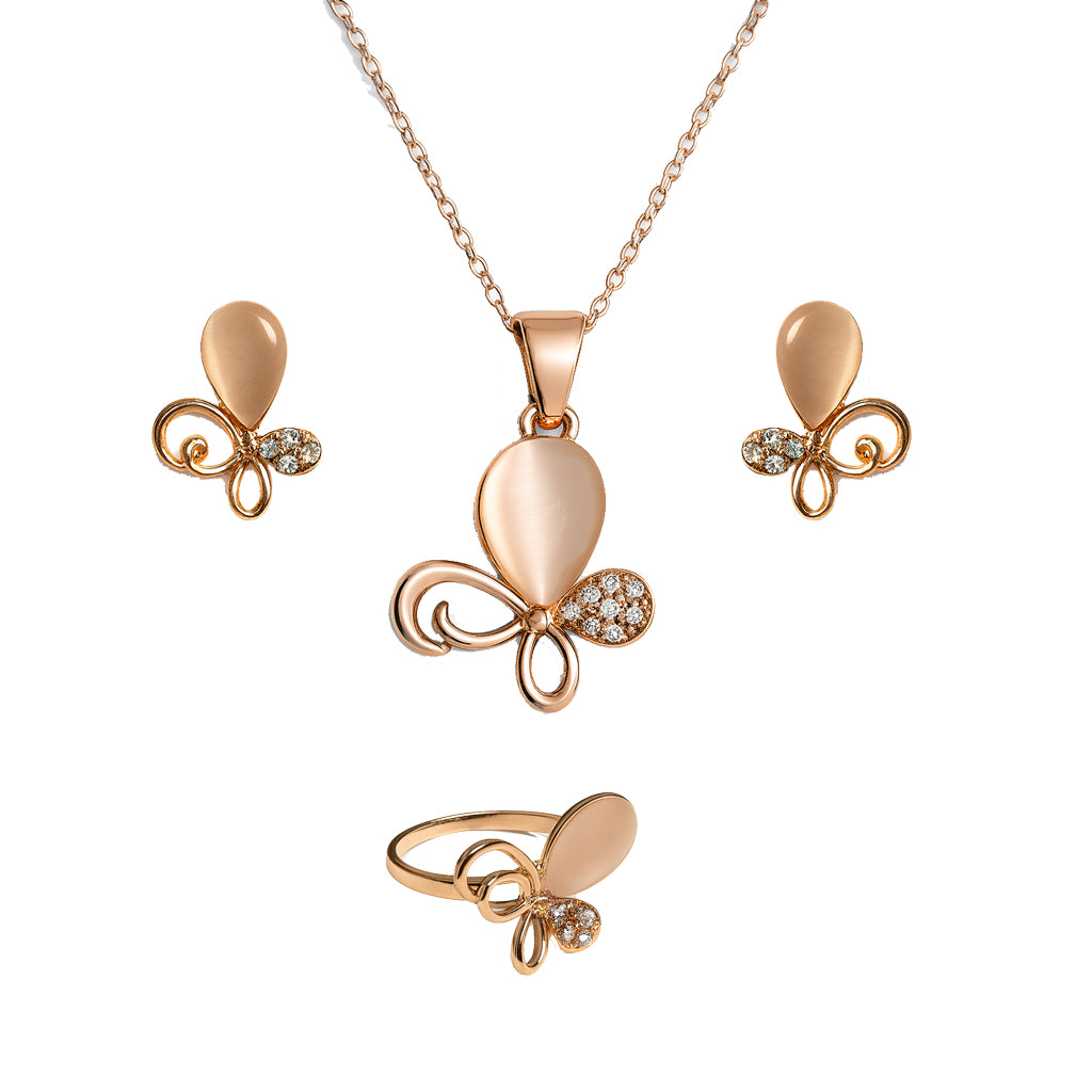 Jewello trendy rose gold plated floral design with white stone stud chain pendant set for women and girls.