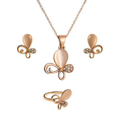Jewello trendy rose gold plated floral design with white stone stud chain pendant set for women and girls.