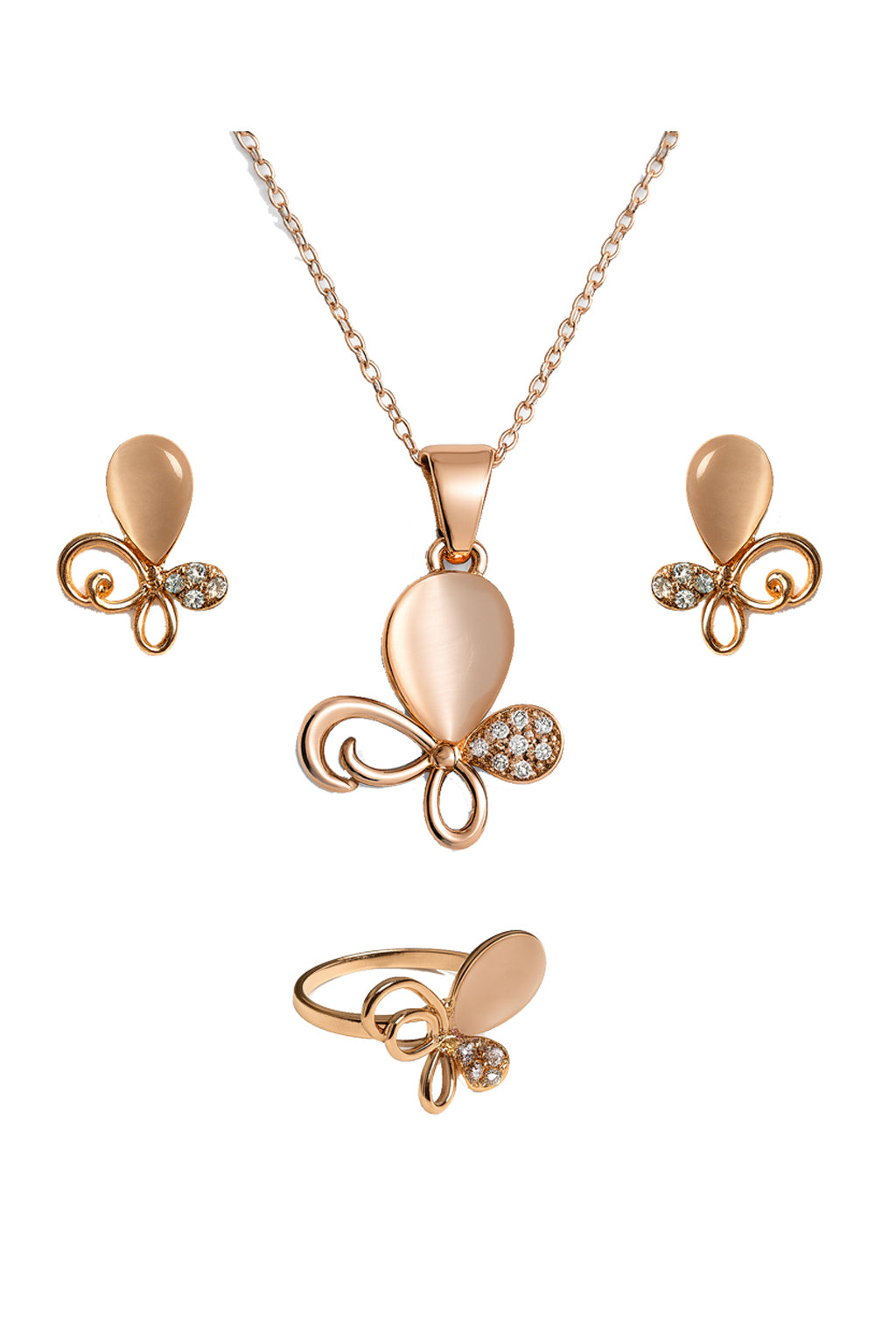 Jewello trendy rose gold plated floral design with white stone stud chain pendant set for women and girls.