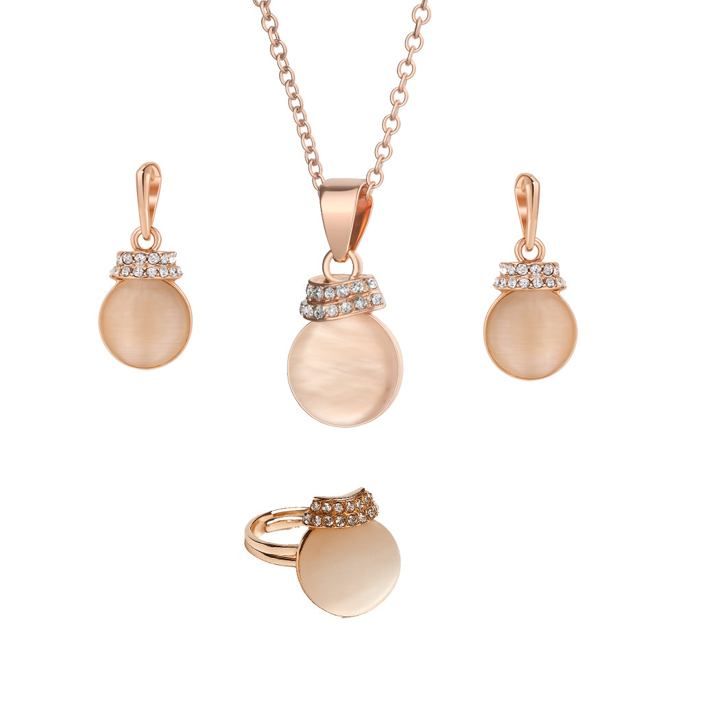 Jewello Adorable rose gold-plated round shape design with light white stone stud chain pendant set for women and girls.
