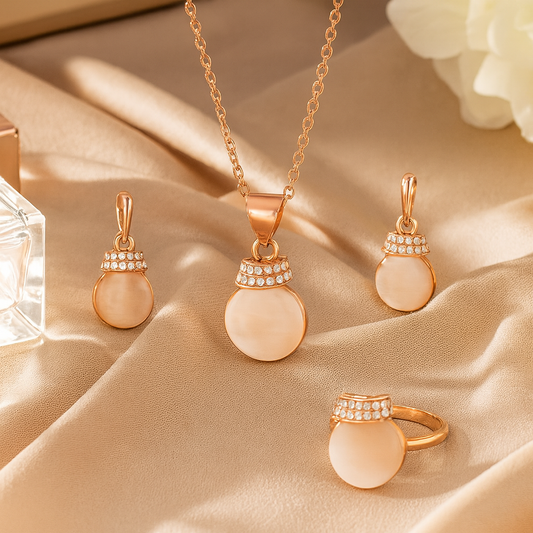 Jewello Adorable rose gold-plated round shape design with light white stone stud chain pendant set for women and girls.