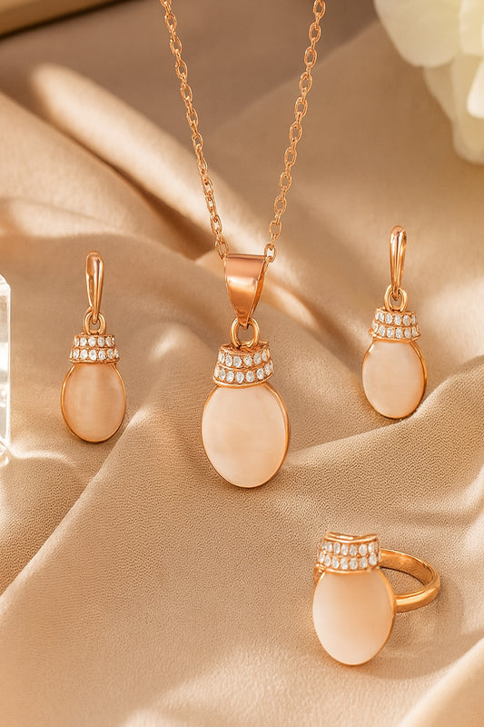 Jewello Adorable rose gold-plated round shape design with light white stone stud chain pendant set for women and girls.