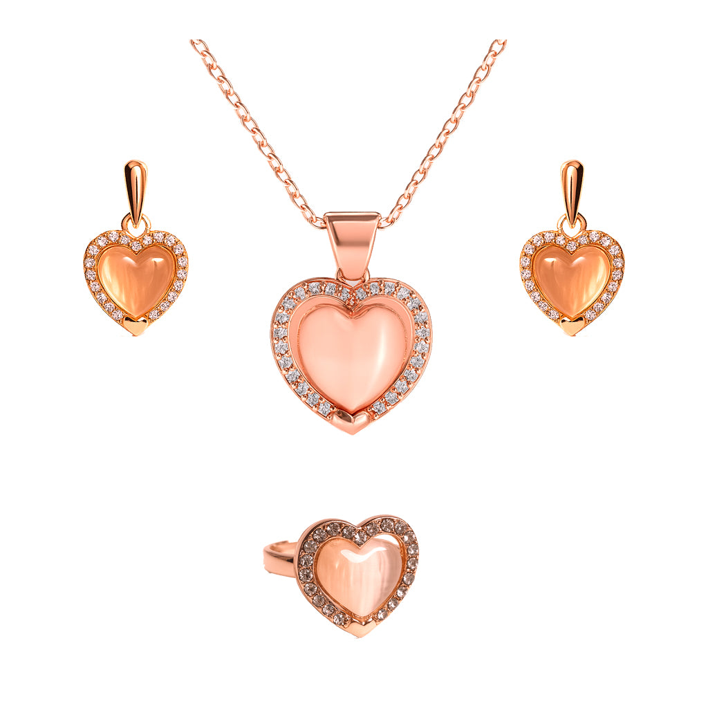 Jewello trendy rose gold-plated heart design with shimmering whit stone stud chain pendant set for women and girls.