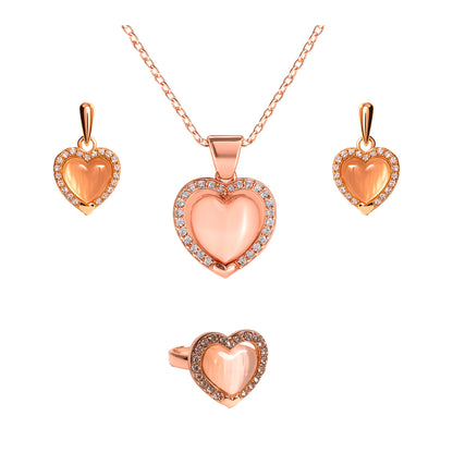 Jewello trendy rose gold-plated heart design with shimmering whit stone stud chain pendant set for women and girls.