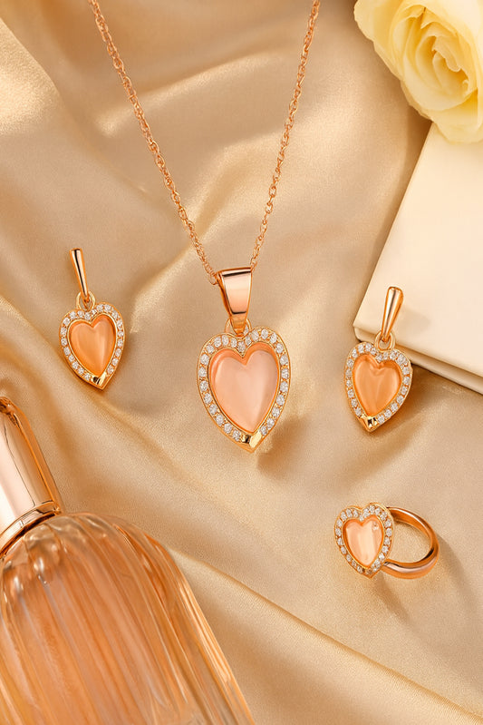 Jewello trendy rose gold-plated heart design with shimmering whit stone stud chain pendant set for women and girls.