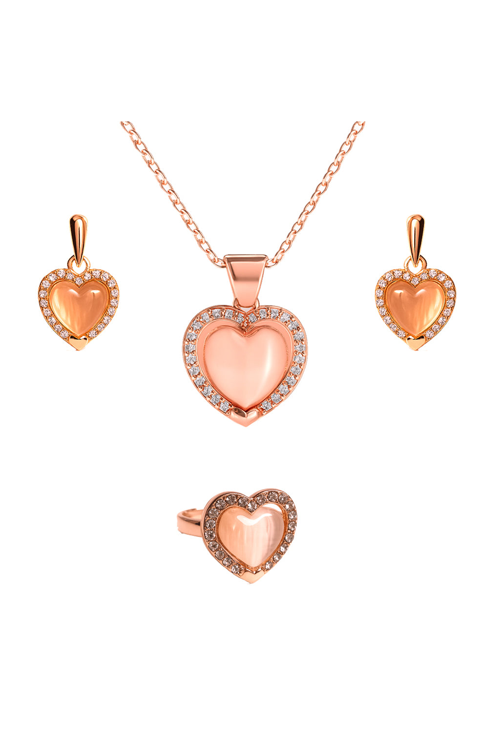 Jewello trendy rose gold-plated heart design with shimmering whit stone stud chain pendant set for women and girls.
