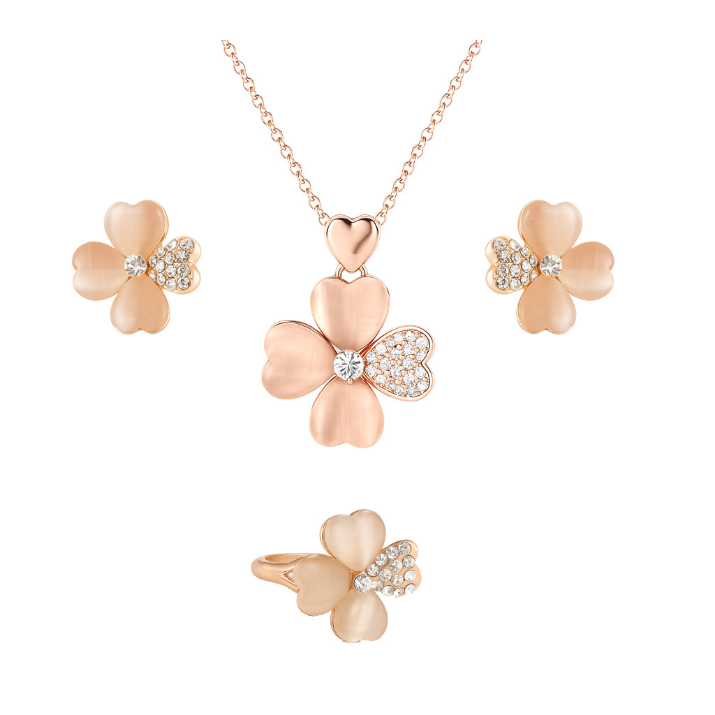 Jewello amazing rose gold plated floral design with shimmering white stone stud chain pendant set for women and girls