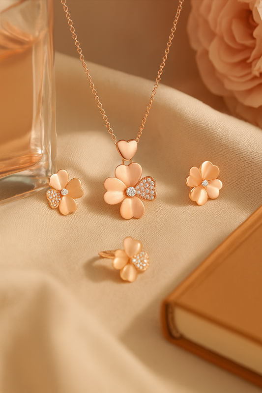Jewello amazing rose gold plated floral design with shimmering white stone stud chain pendant set for women and girls