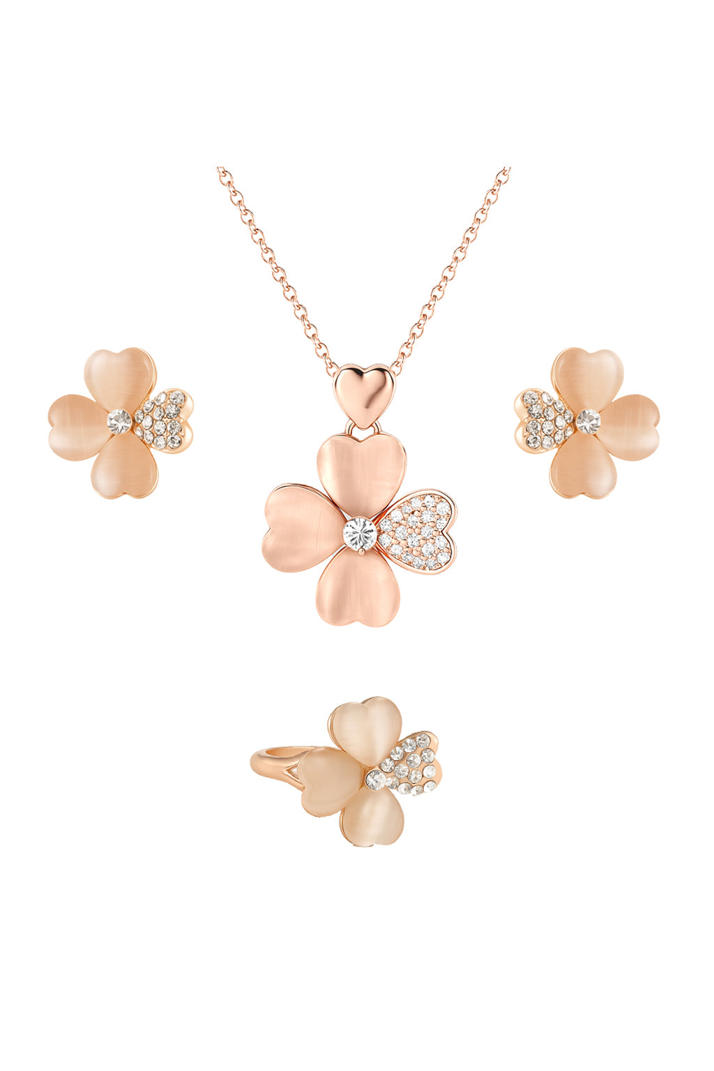 Jewello amazing rose gold plated floral design with shimmering white stone stud chain pendant set for women and girls