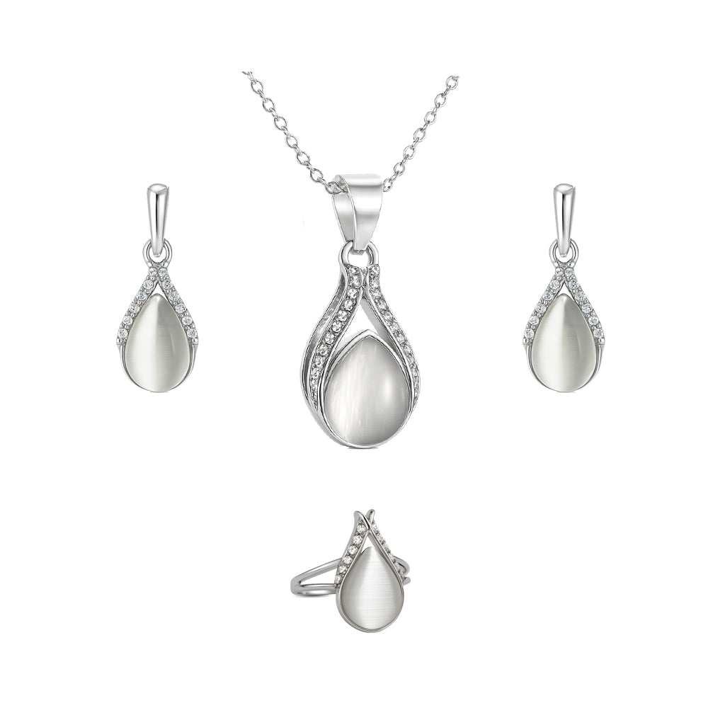 Jewello fashionable silver-plated drop design with white stone stud chain pendant set for women and girls.