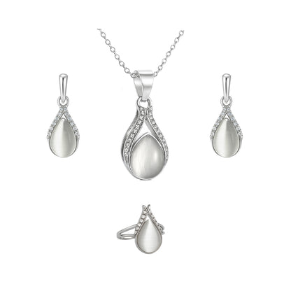 Jewello fashionable silver-plated drop design with white stone stud chain pendant set for women and girls.