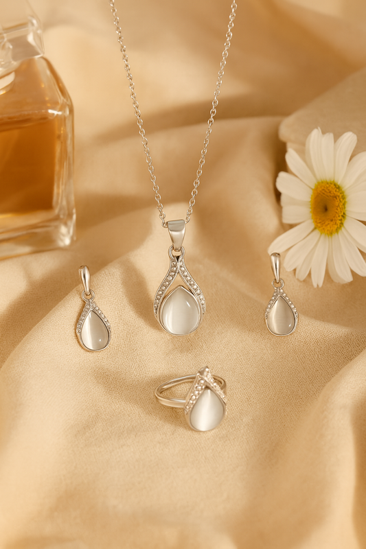 Jewello fashionable silver-plated drop design with white stone stud chain pendant set for women and girls.