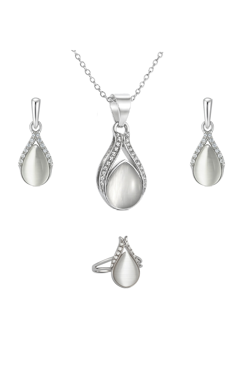 Jewello fashionable silver-plated drop design with white stone stud chain pendant set for women and girls.