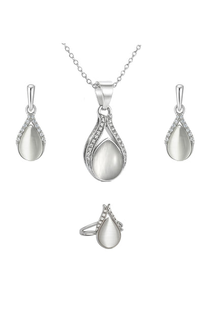 Jewello fashionable silver-plated drop design with white stone stud chain pendant set for women and girls.